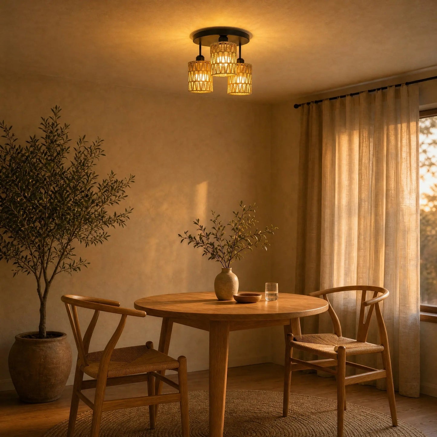 Quenna ceiling light lit above a round table in a Japandi dining corner at dusk | Wickleigh