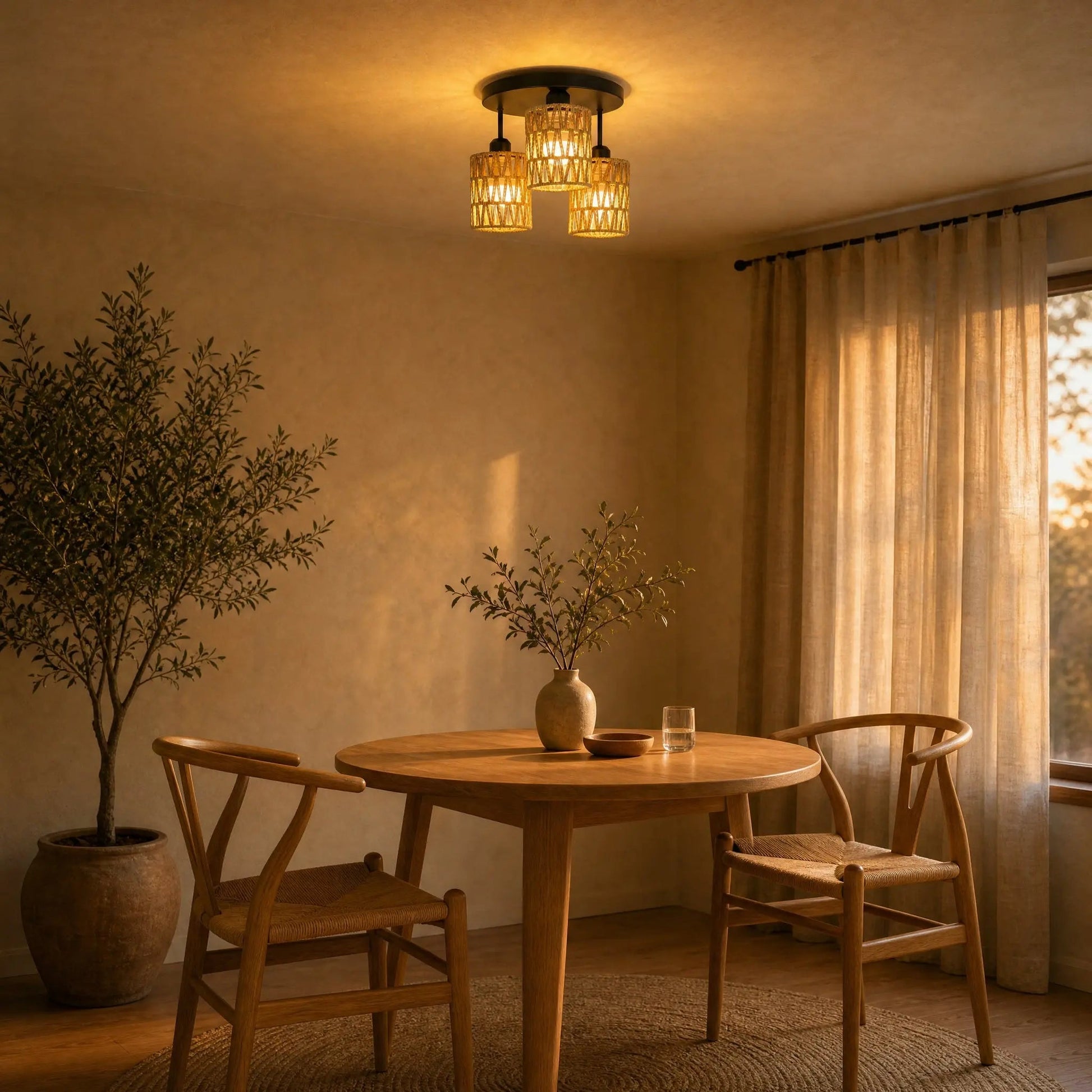 Quenna ceiling light lit above a round table in a Japandi dining corner at dusk | Wickleigh