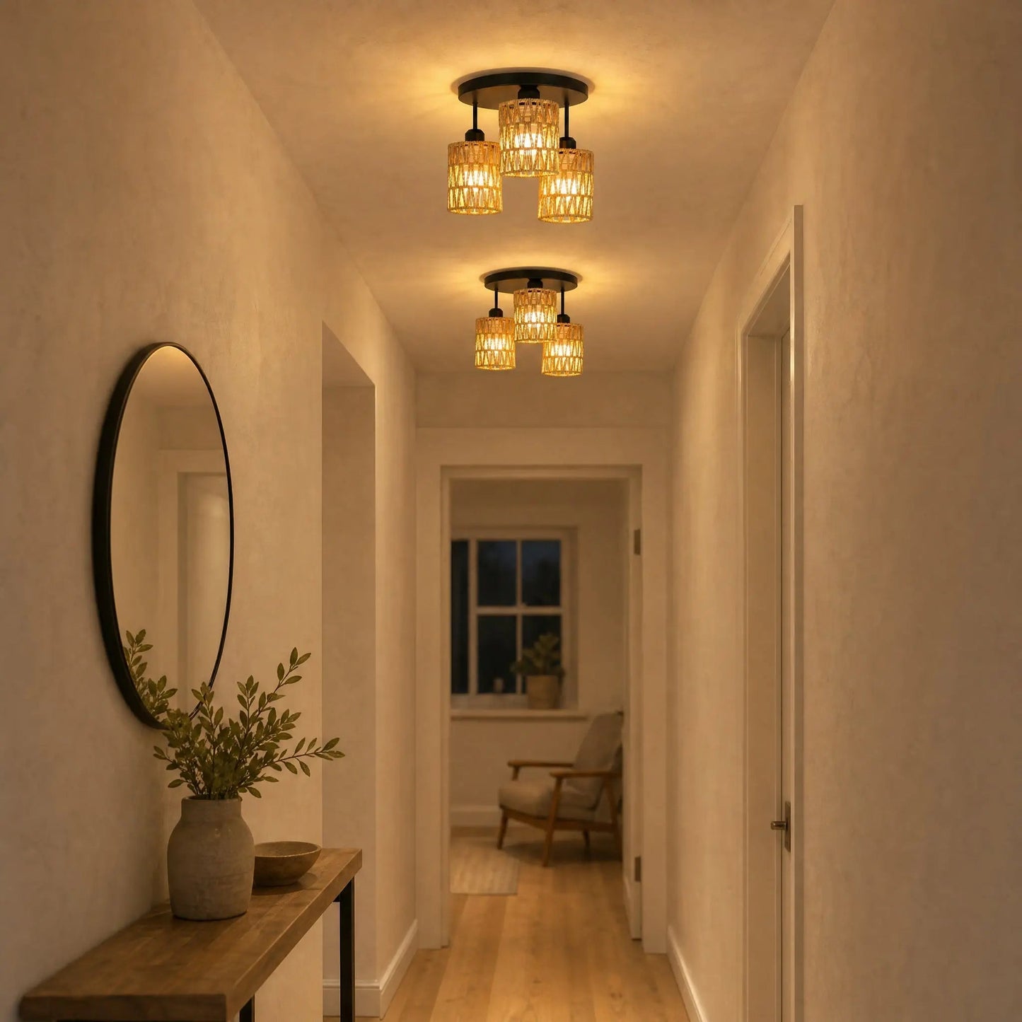 Two Quenna semi-flush ceiling lights aligned in a bright hallway at night | Wickleigh