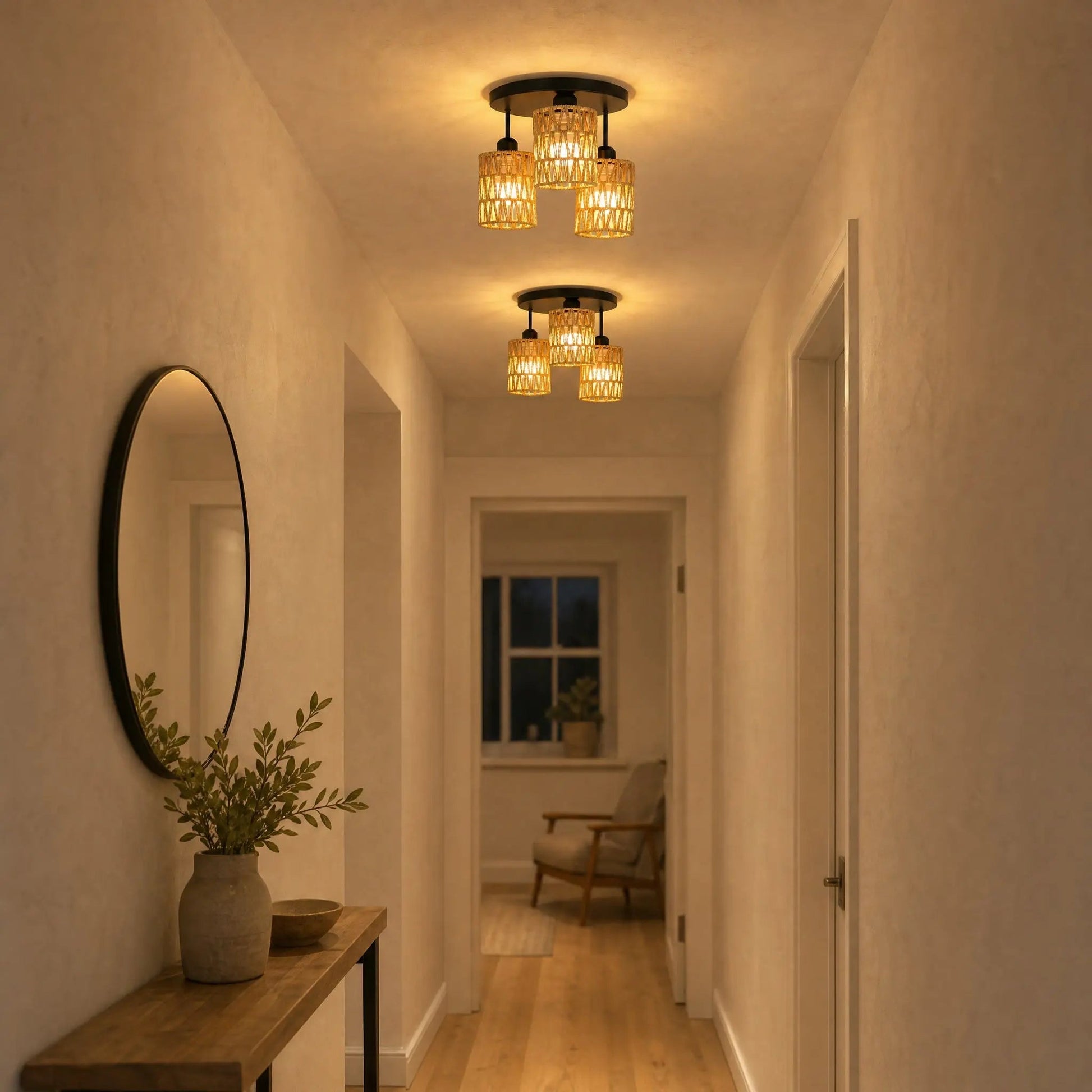 Two Quenna semi-flush ceiling lights aligned in a bright hallway at night | Wickleigh