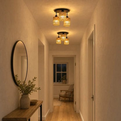 Two Quenna semi-flush ceiling lights aligned in a bright hallway at night | Wickleigh