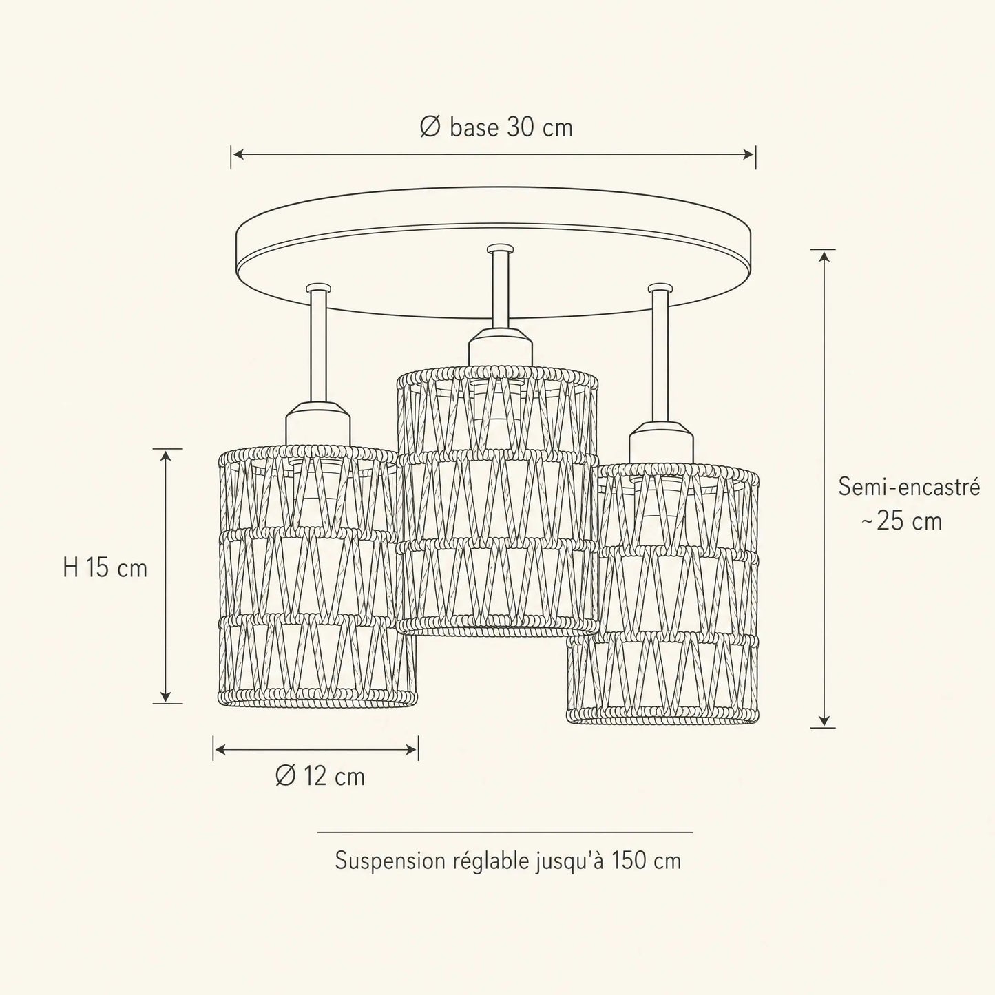 Dimension diagram of the Quenna ceiling light, 30cm base and 12x15cm shades | Wickleigh