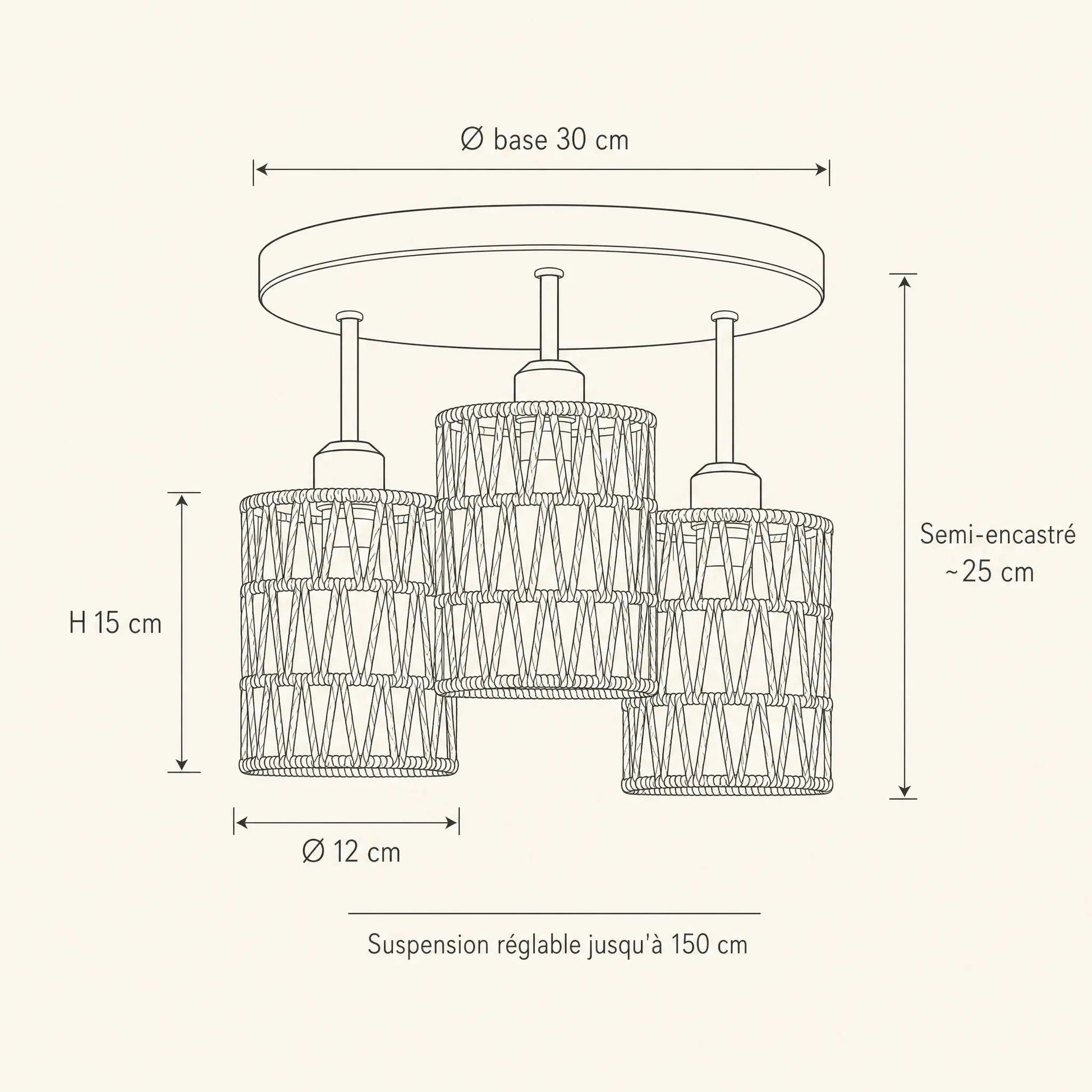 Dimension diagram of the Quenna ceiling light, 30cm base and 12x15cm shades | Wickleigh