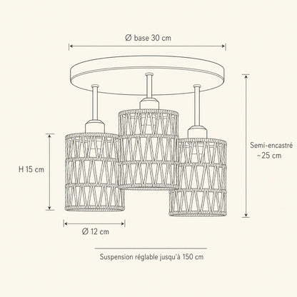 Dimension diagram of the Quenna ceiling light, 30cm base and 12x15cm shades | Wickleigh
