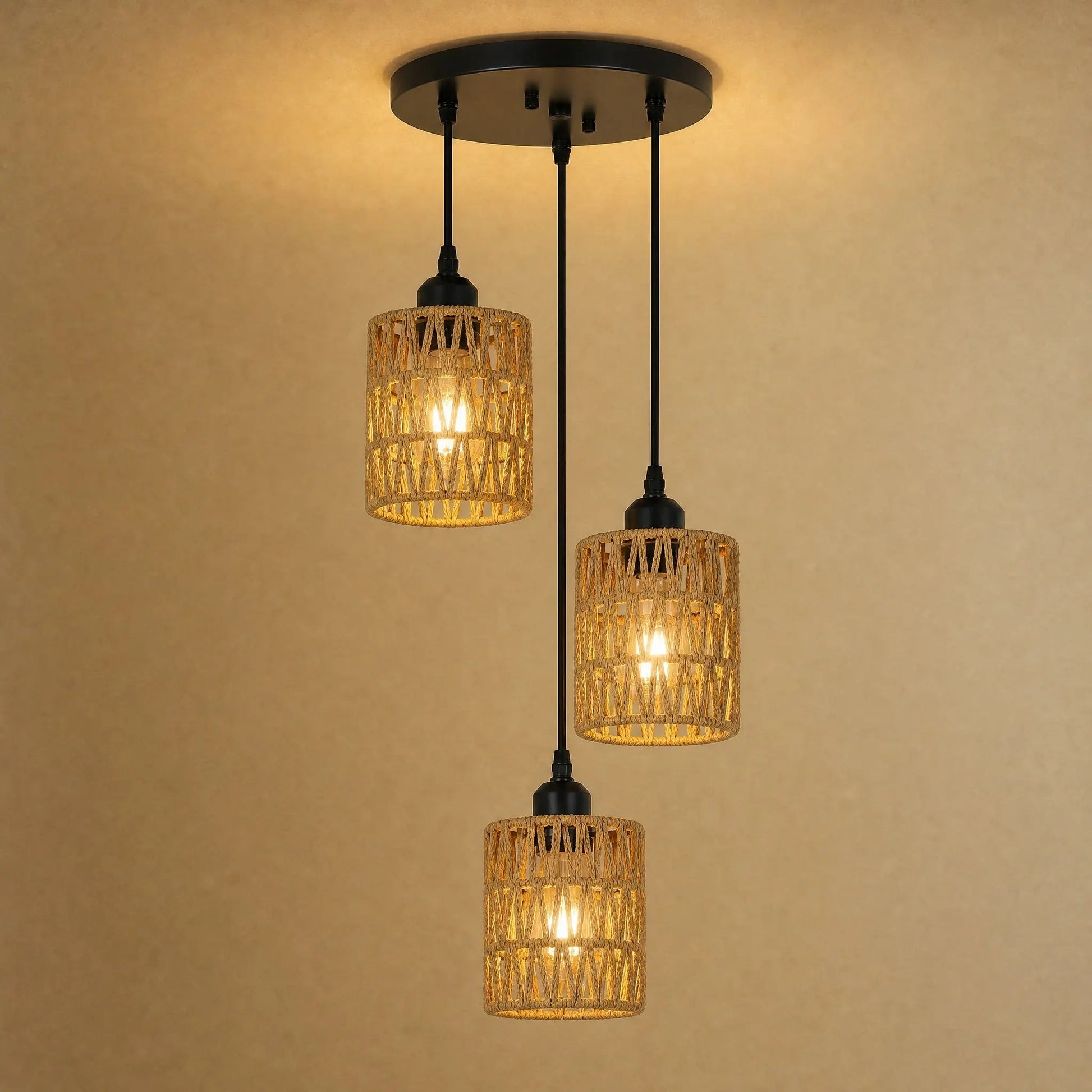 Quenna pendant version, three woven shades cascading on adjustable cords | Wickleigh