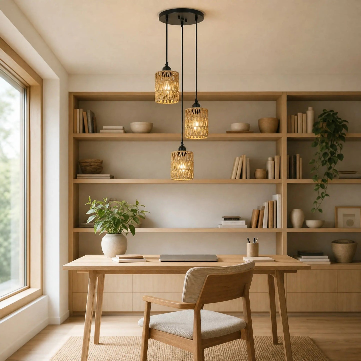 Quenna pendant light above a light wood desk, three woven shades cascading | Wickleigh