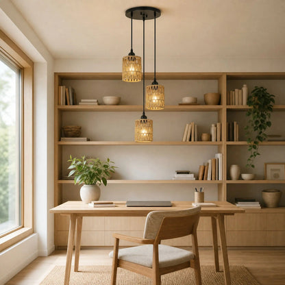 Quenna pendant light above a light wood desk, three woven shades cascading | Wickleigh