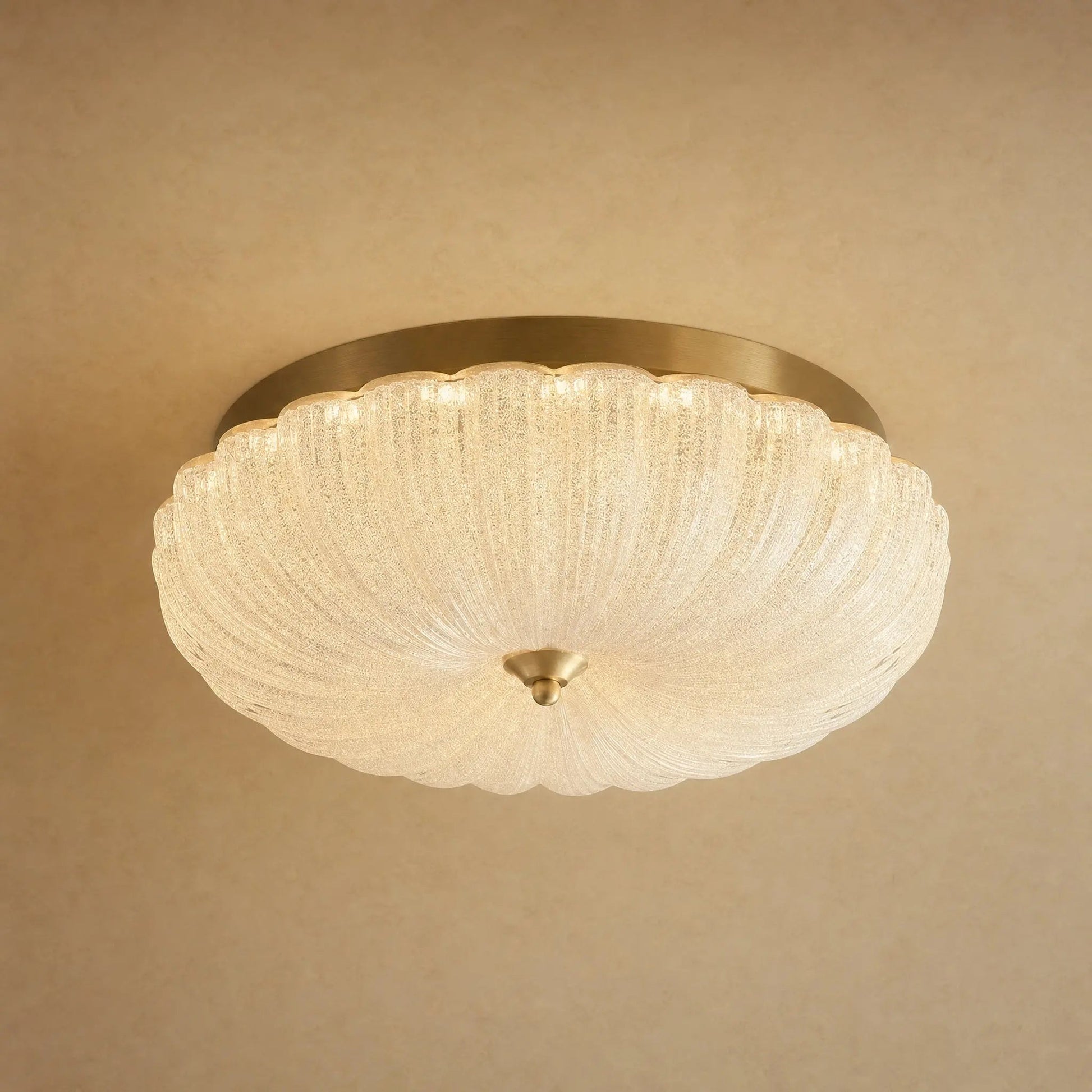 Hilra semi flush ceiling light, sandblasted crystal-effect glass dome, brass-finish trim | Wickleigh