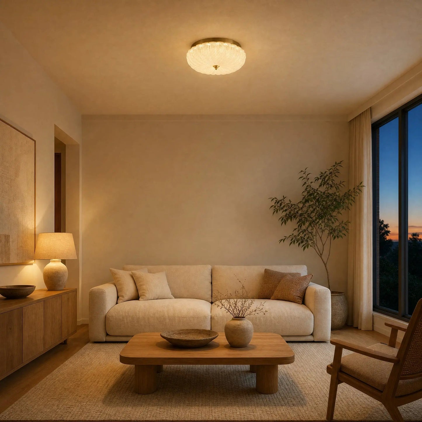 Hilra ceiling light lit in a Japandi sitting room at dusk, soft light | Wickleigh