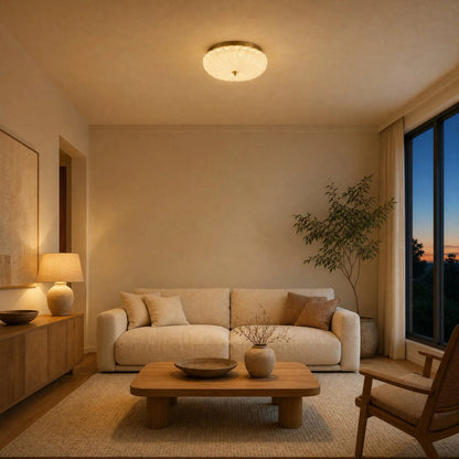 Hilra ceiling light lit in a Japandi sitting room at dusk, soft light | Wickleigh