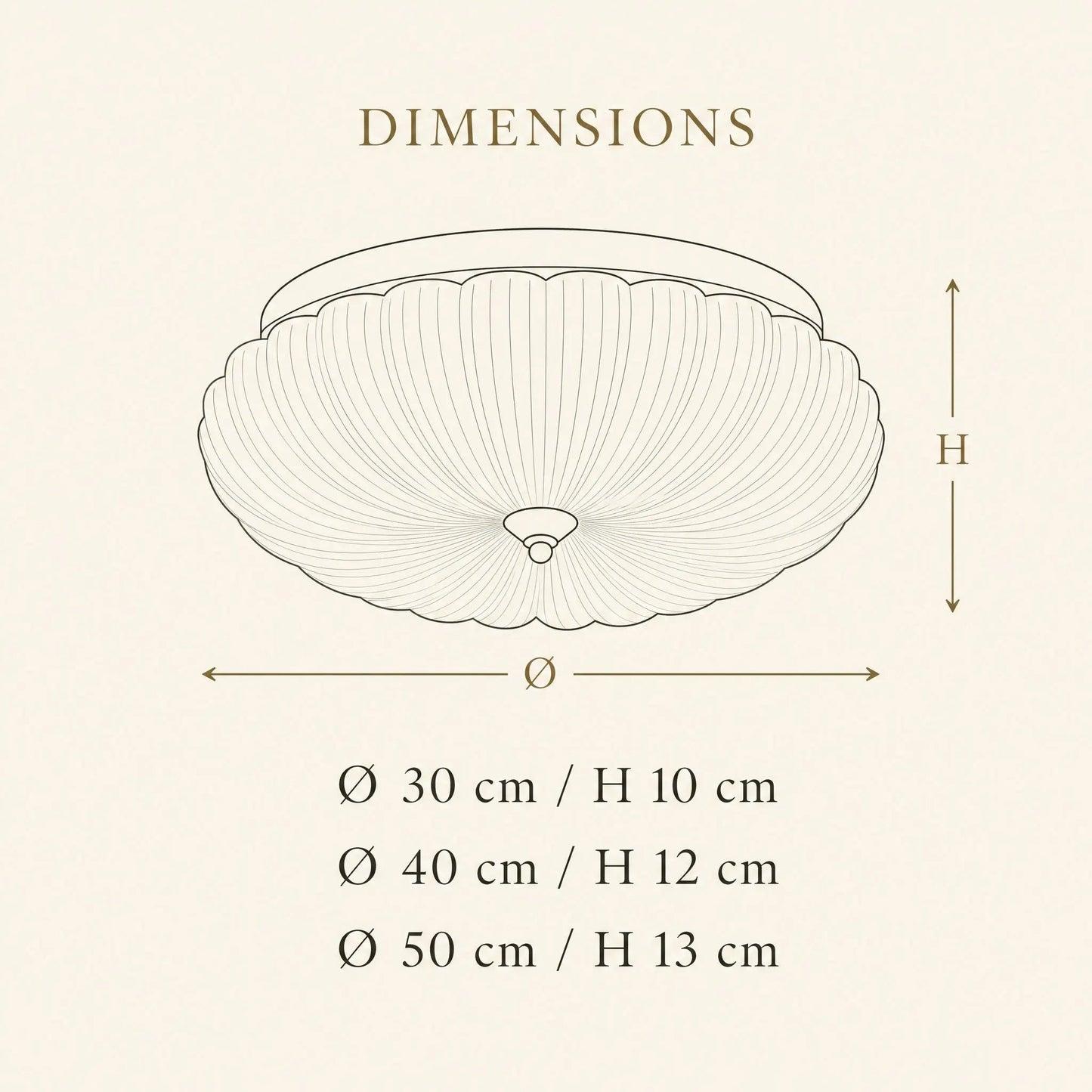 Dimension diagram of the Hilra ceiling light, Ø30, 40 and 50cm | Wickleigh