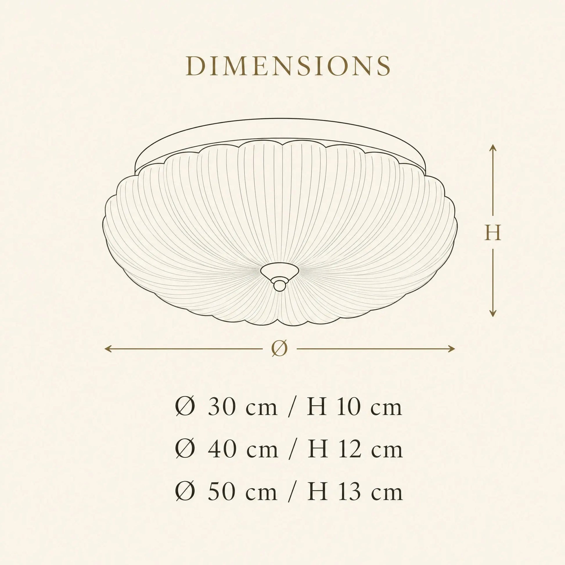 Dimension diagram of the Hilra ceiling light, Ø30, 40 and 50cm | Wickleigh