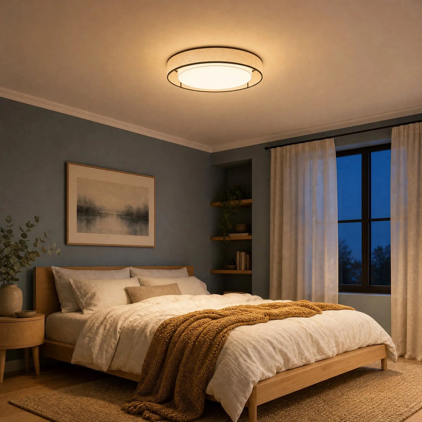 Thone fabric ceiling light lit in a bedroom at dusk | Wickleigh