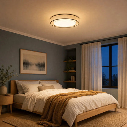 Thone fabric ceiling light lit in a bedroom at dusk | Wickleigh