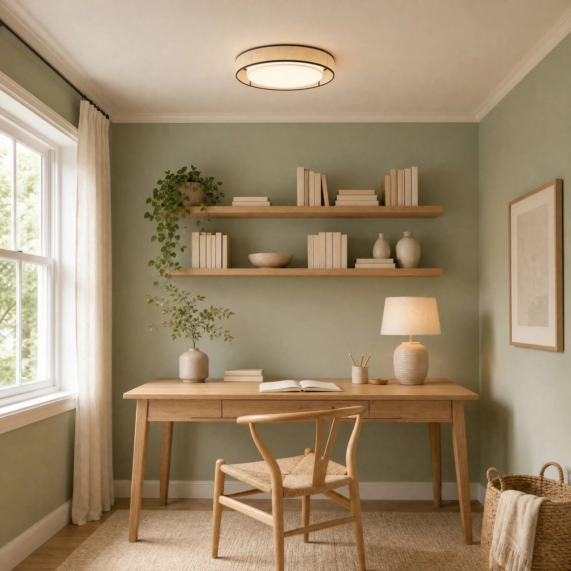 Thone fabric ceiling light in a sage green home office | Wickleigh