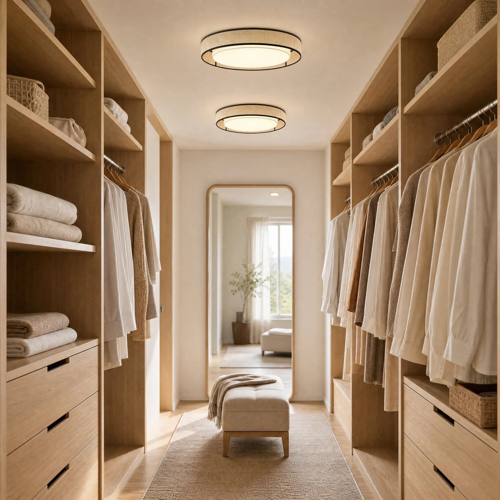 Two Thone fabric ceiling lights aligned in a dressing room | Wickleigh