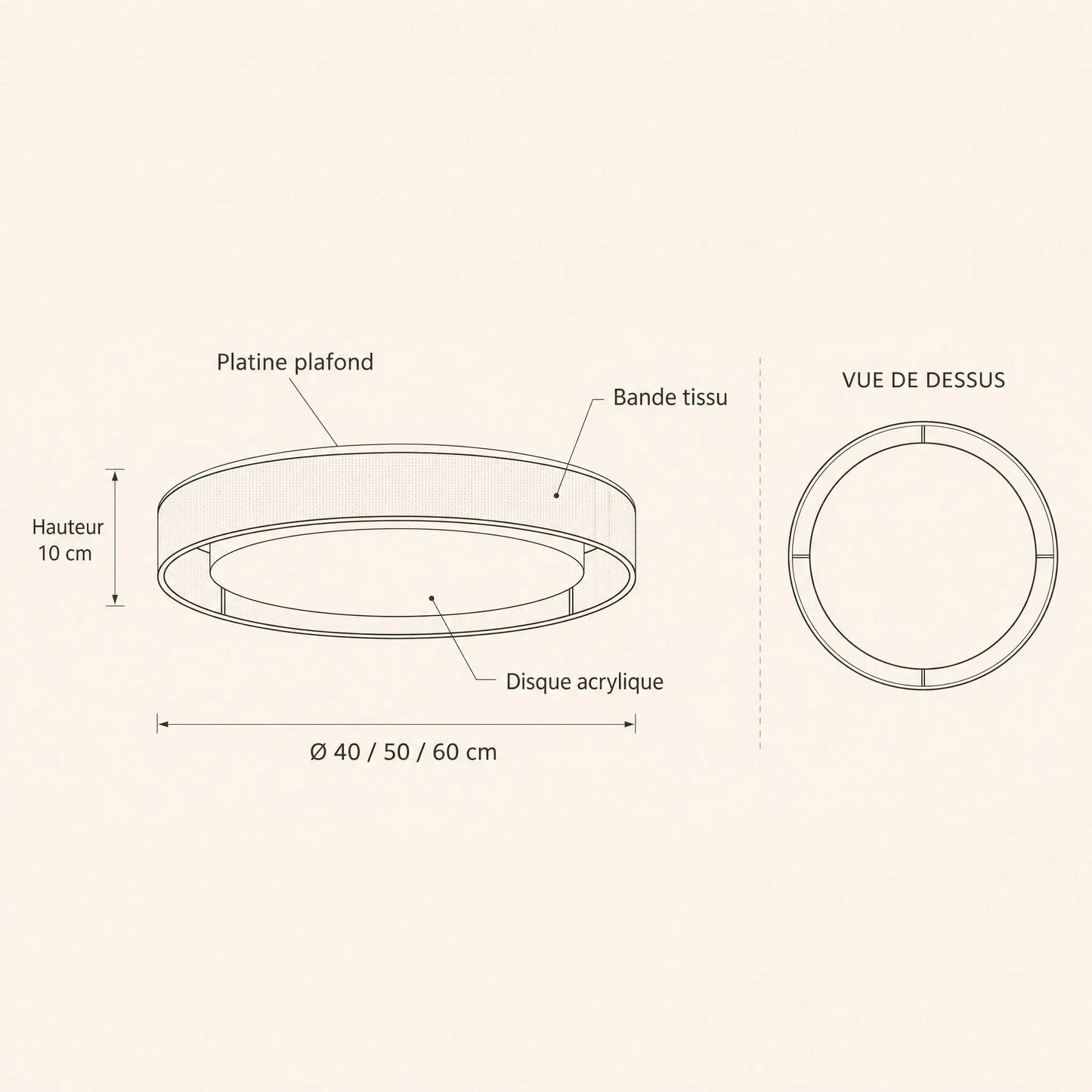 Dimension diagram of the Thone fabric ceiling light, Ø40 50 60cm, 10cm height | Wickleigh