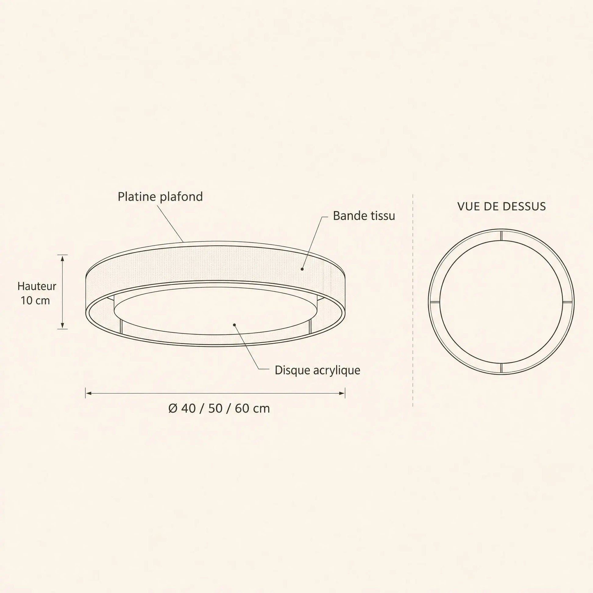 Dimension diagram of the Thone fabric ceiling light, Ø40 50 60cm, 10cm height | Wickleigh