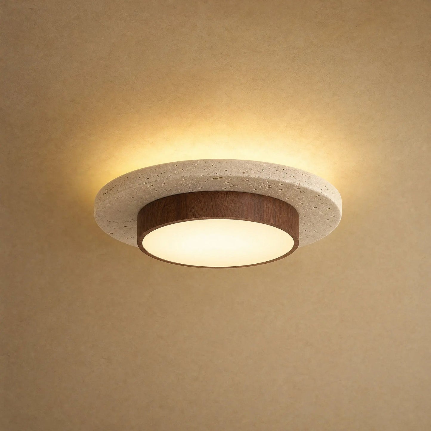 Halin round travertine ceiling light, walnut finish, natural stone disc and golden halo | Wickleigh