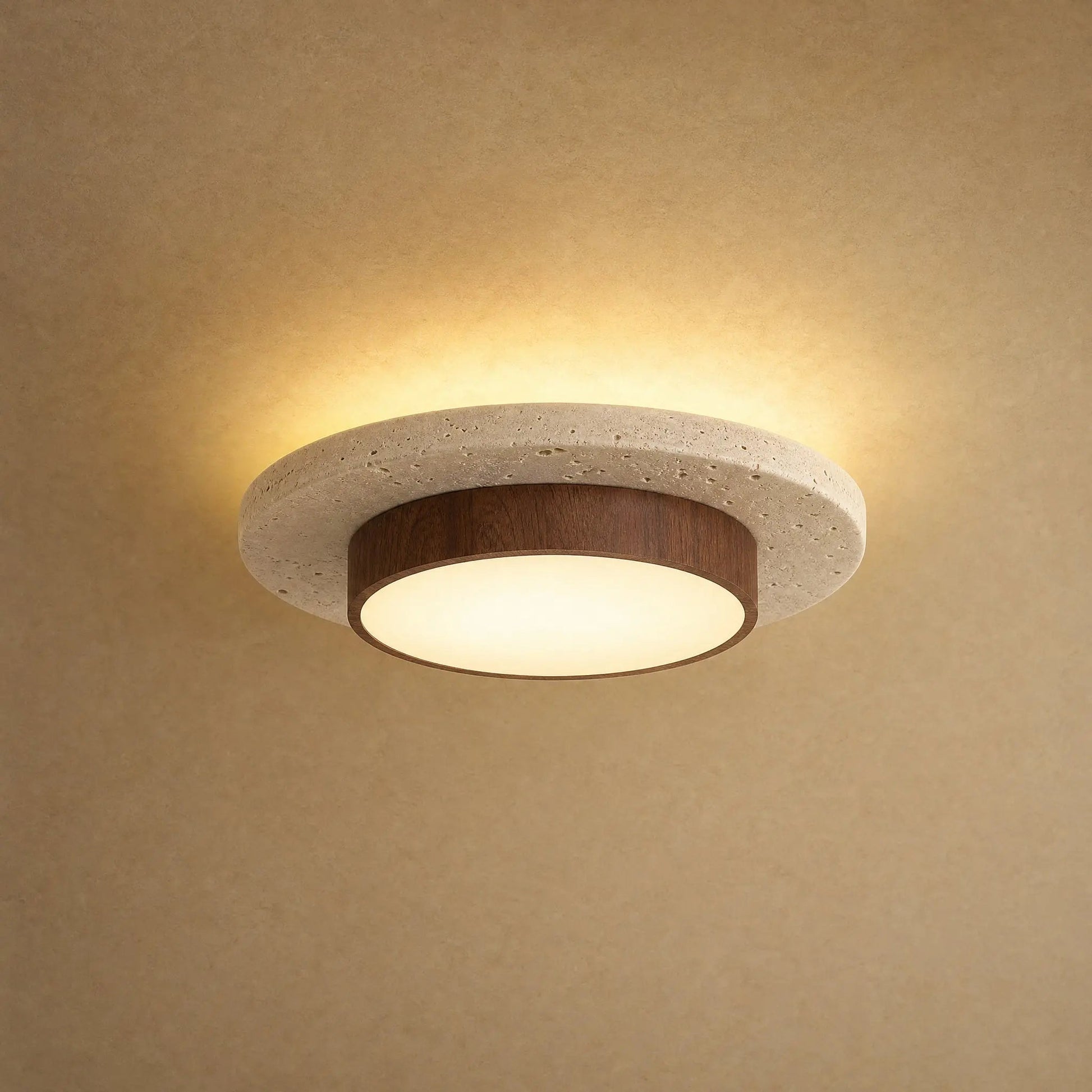 Halin round travertine ceiling light, walnut finish, natural stone disc and golden halo | Wickleigh