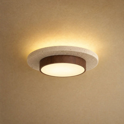 Halin round travertine ceiling light, walnut finish, natural stone disc and golden halo | Wickleigh