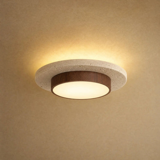 Halin round travertine ceiling light, walnut finish, natural stone disc and golden halo | Wickleigh