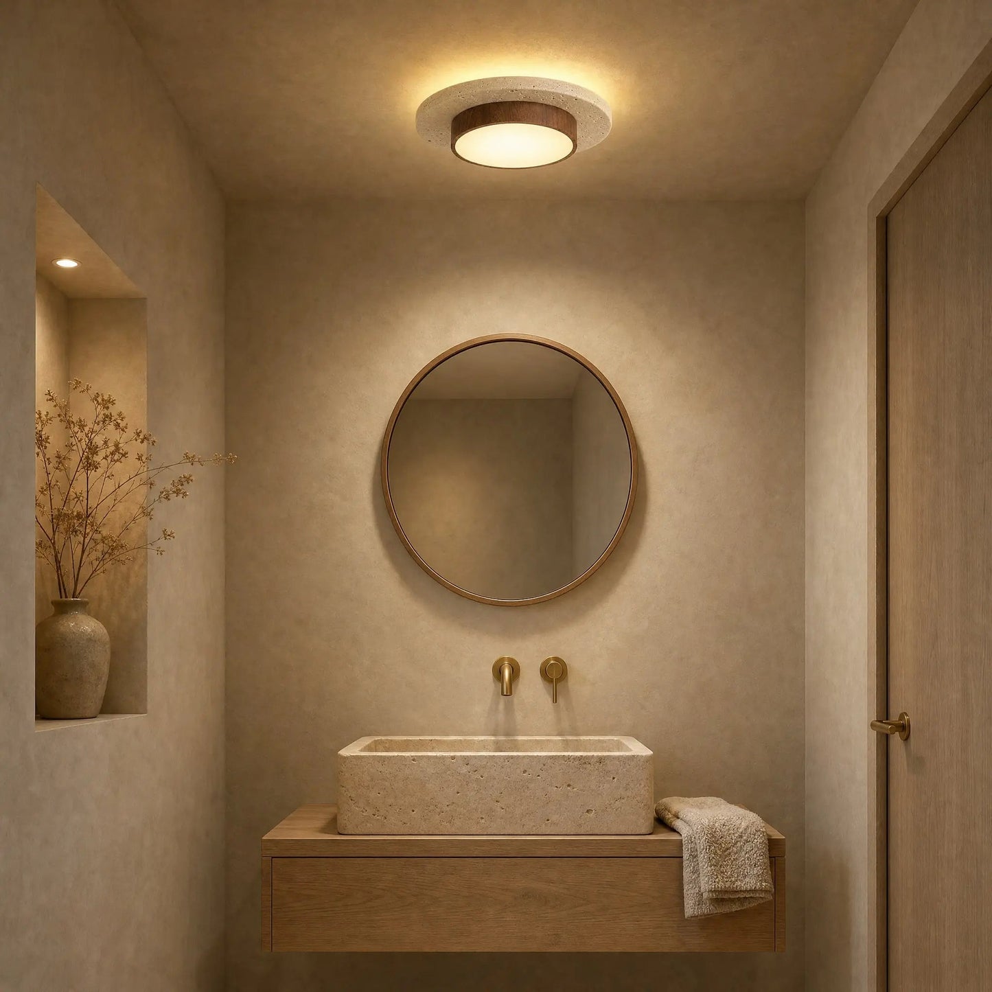 Halin travertine ceiling light lit in a Nordic bathroom with a stone basin | Wickleigh