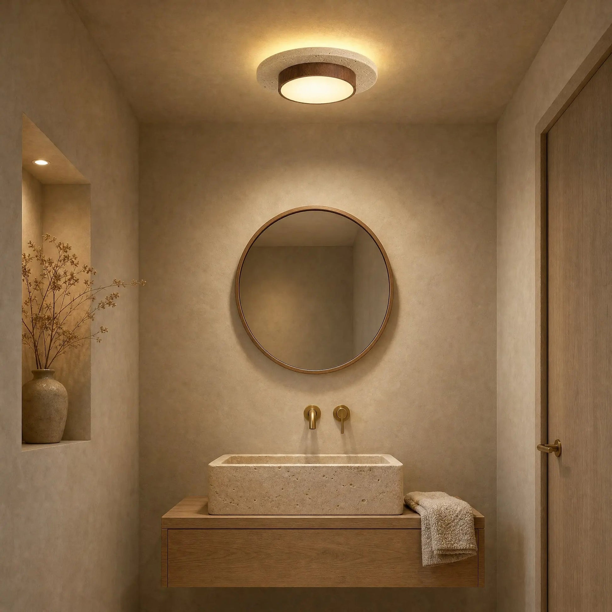 Halin travertine ceiling light lit in a Nordic bathroom with a stone basin | Wickleigh