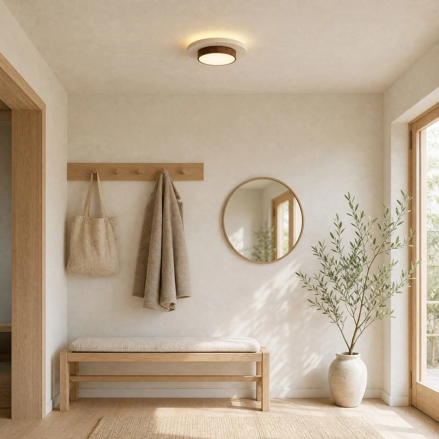 Halin travertine ceiling light in a bright Scandinavian hallway | Wickleigh