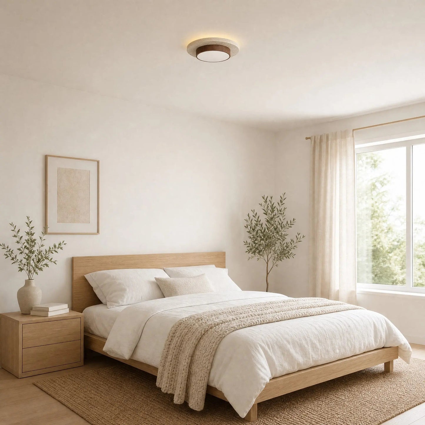 Halin travertine ceiling light in a light-wood Nordic bedroom | Wickleigh