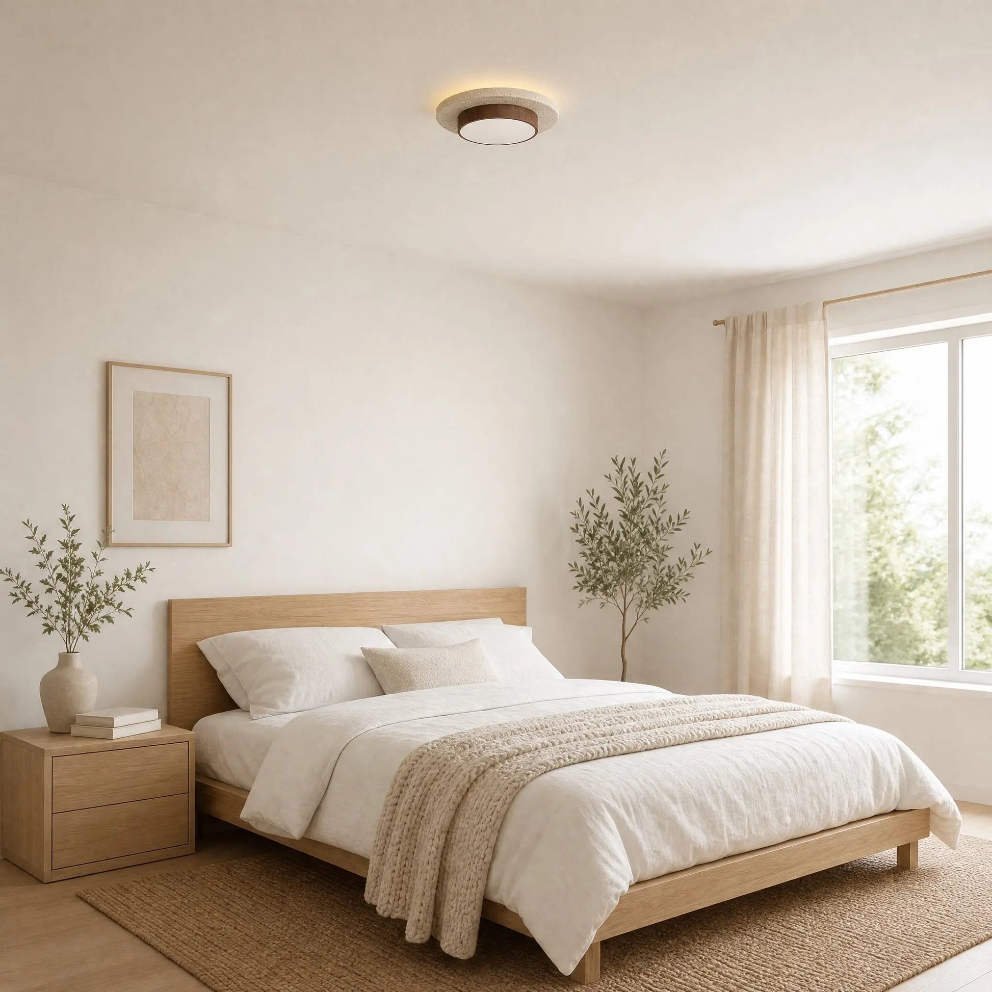Halin travertine ceiling light in a light-wood Nordic bedroom | Wickleigh