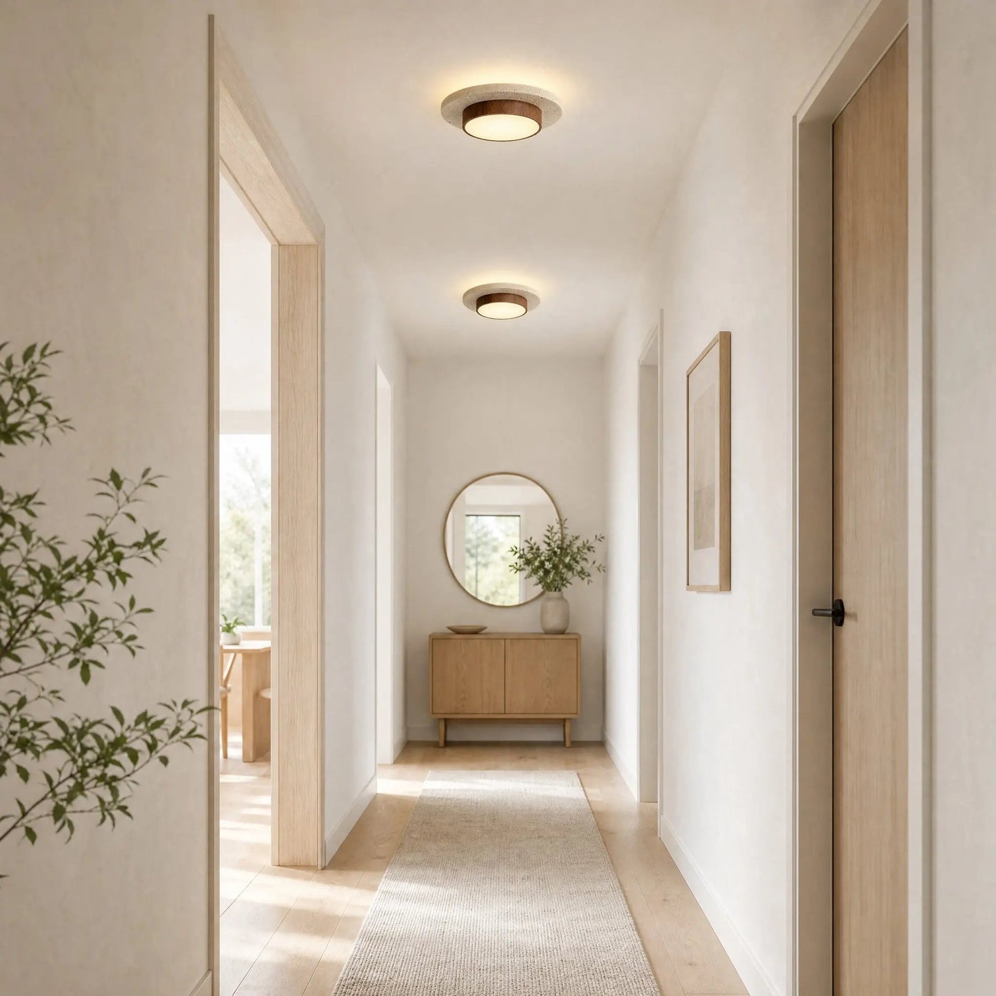 Two Halin travertine ceiling lights aligned in a Nordic hallway | Wickleigh
