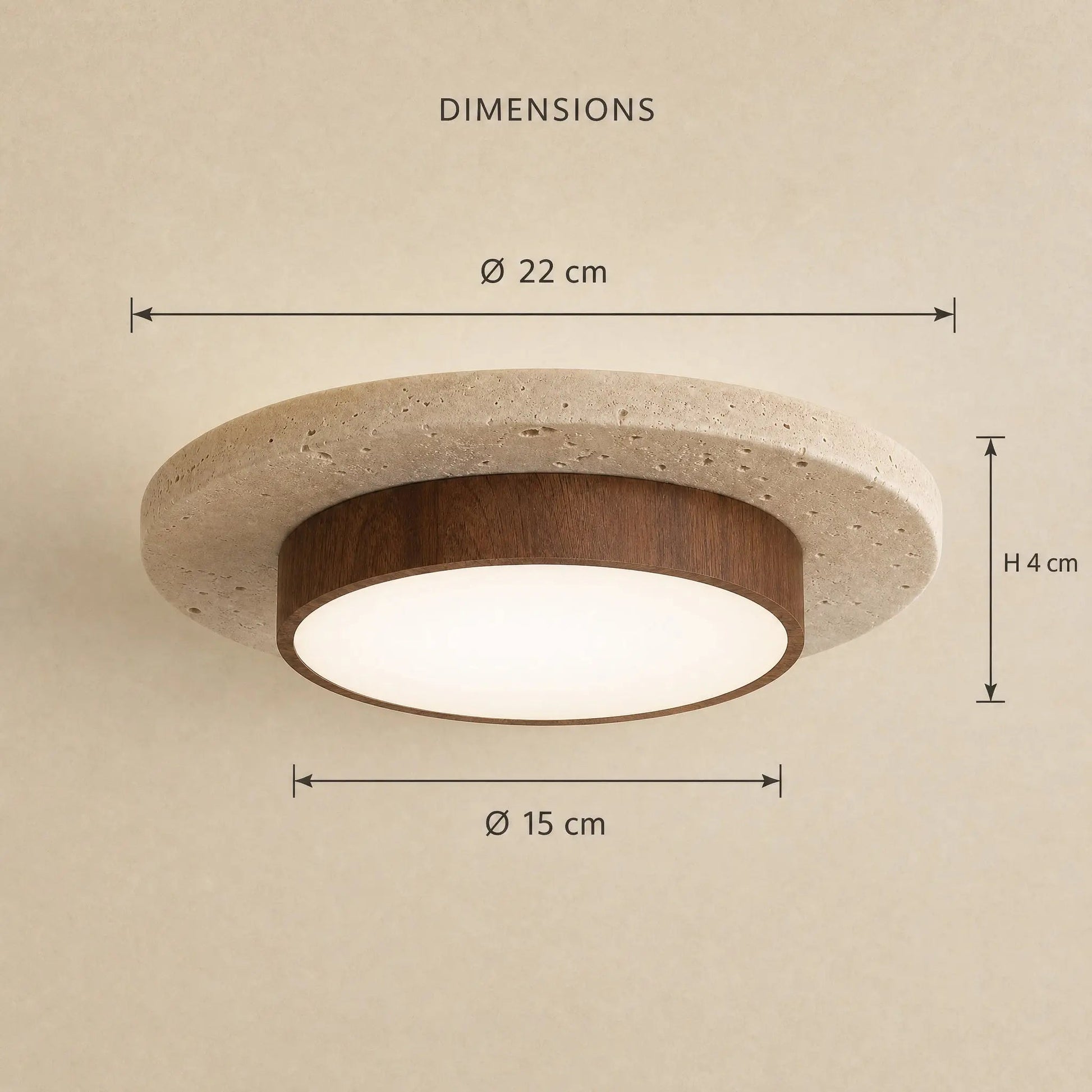 Dimension diagram of the Halin travertine ceiling light, 22cm diameter and 4cm height | Wickleigh
