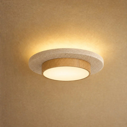 Halin travertine ceiling light, light wood finish, natural stone disc | Wickleigh