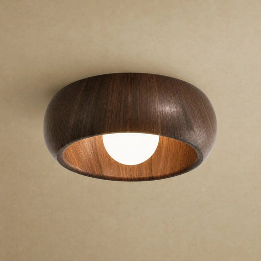 Pelna vintage flush ceiling light in Walnut finish, wood grain curve, packshot | Wickleigh