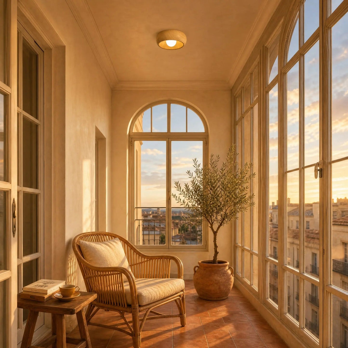 Pelna vintage flush ceiling light in Light Oak, lit in a loggia at golden hour | Wickleigh