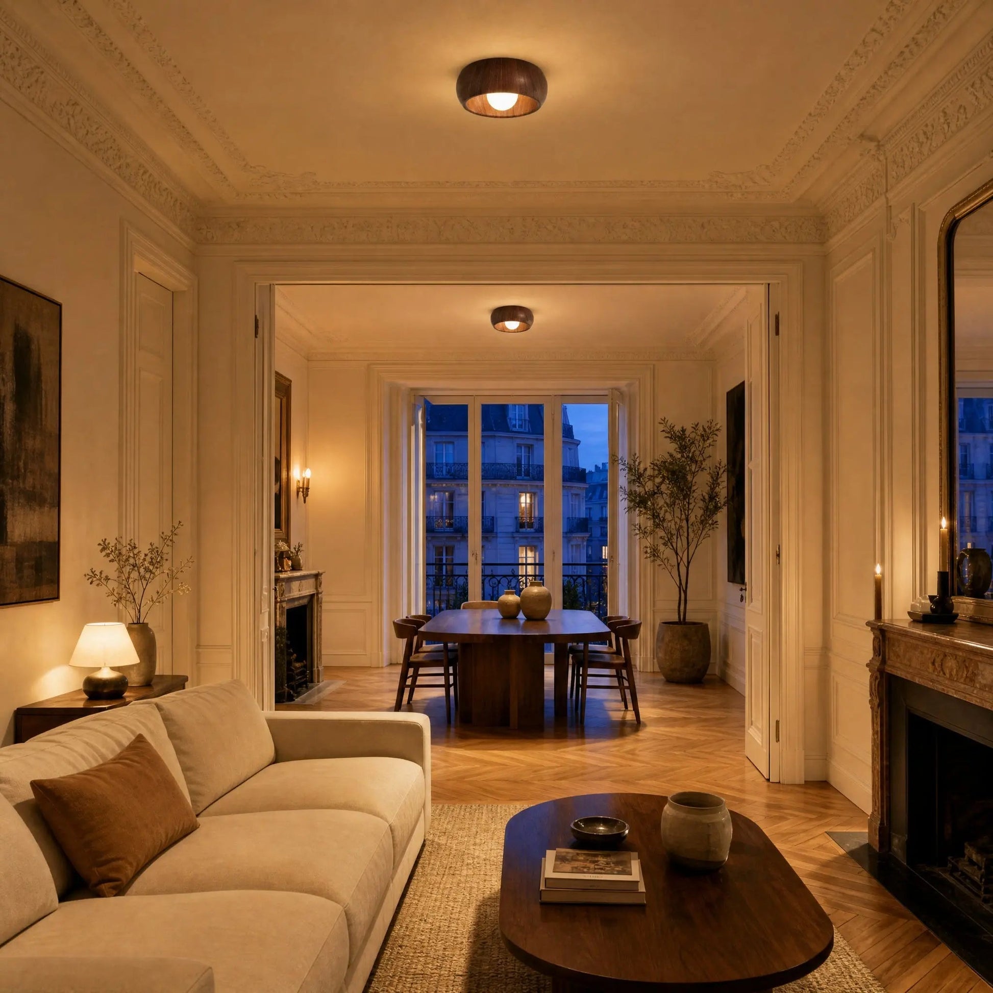 Two Pelna vintage flush ceiling lights in Walnut, aligned in a grand double sitting room | Wickleigh