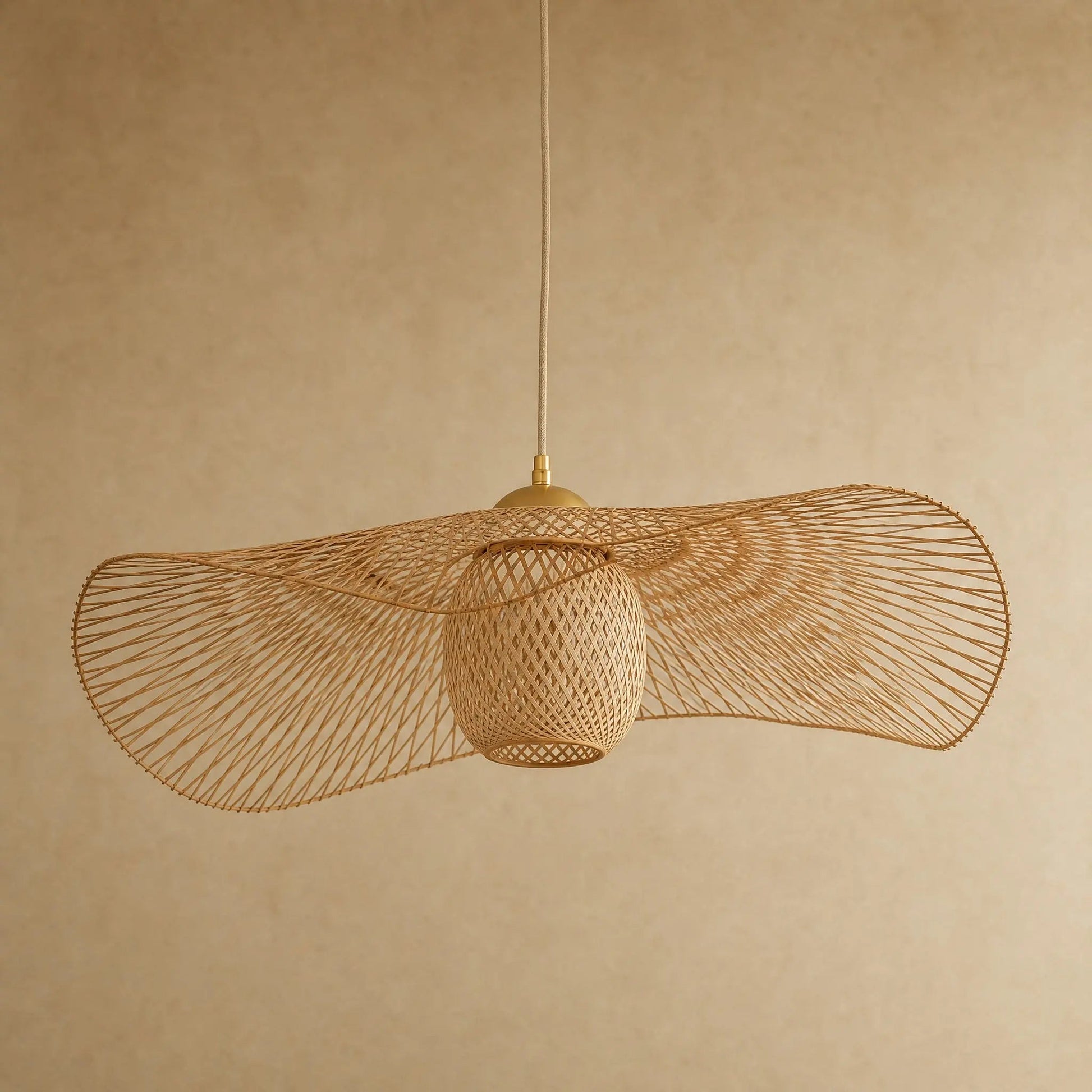 Einell bamboo pendant light, hand woven natural bamboo hat shade, packshot | Wickleigh