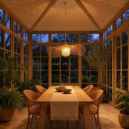 Einell bamboo pendant light lit at dusk above a conservatory table | Wickleigh