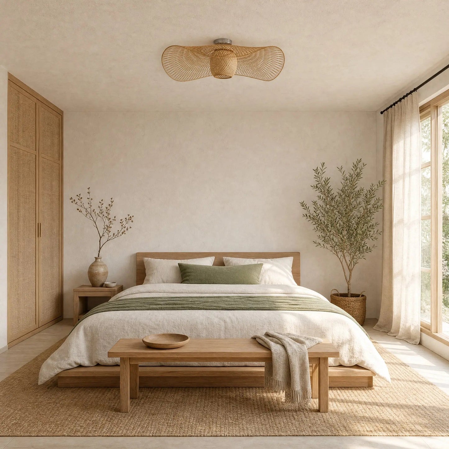 Einell bamboo flush ceiling light on the ceiling of a bright Japandi bedroom | Wickleigh
