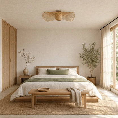 Einell bamboo flush ceiling light on the ceiling of a bright Japandi bedroom | Wickleigh