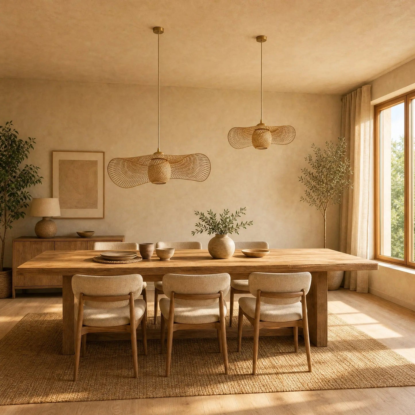 Two Einell bamboo pendant lights, Ø 55 and Ø 35 cm, above a large table | Wickleigh