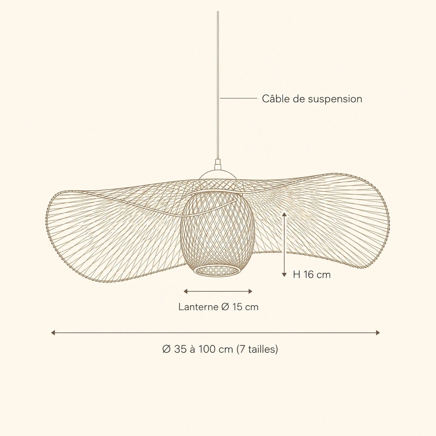 Dimension diagram of the Einell bamboo pendant light, Ø 35 to 100 cm, Ø 15 cm lantern | Wickleigh