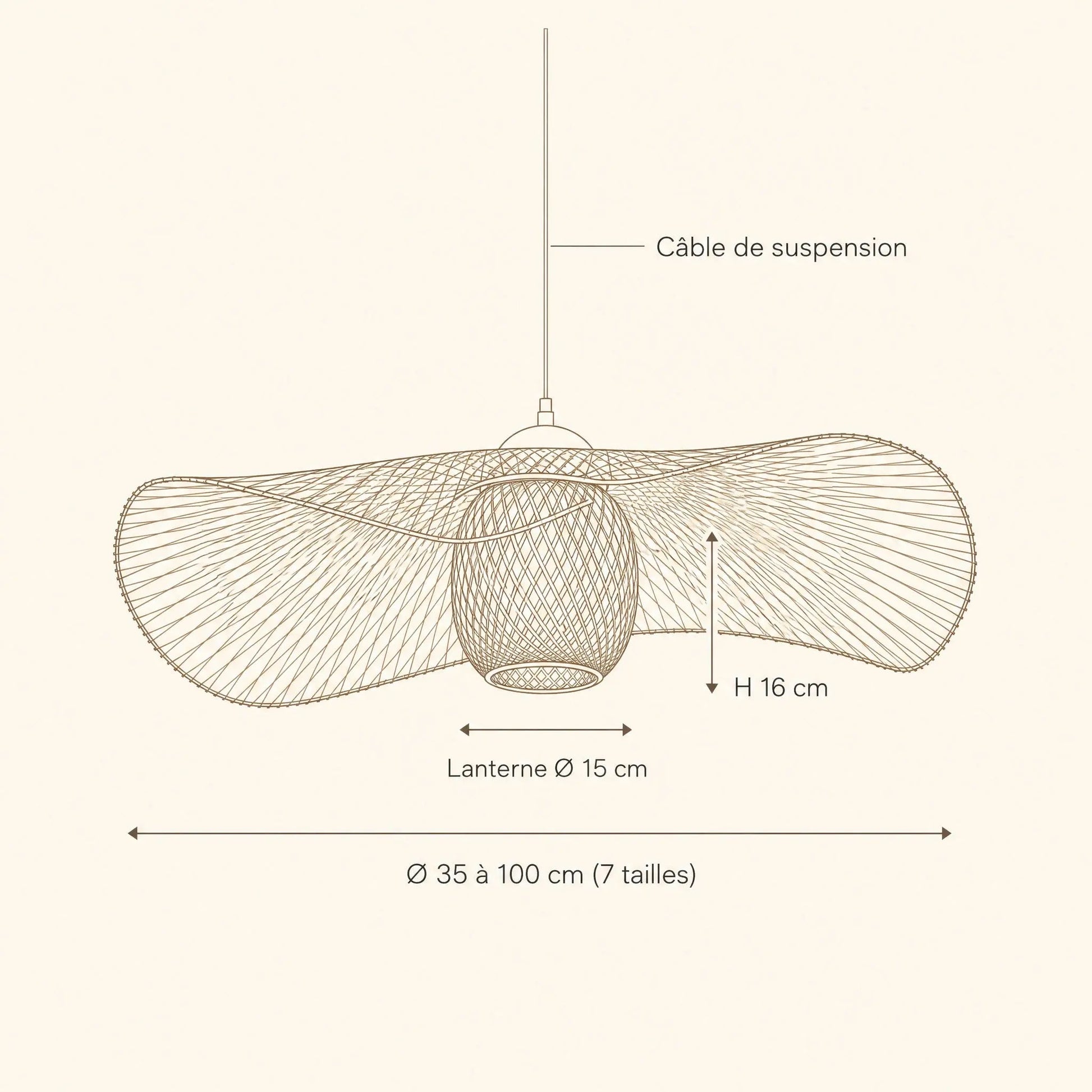 Dimension diagram of the Einell bamboo pendant light, Ø 35 to 100 cm, Ø 15 cm lantern | Wickleigh