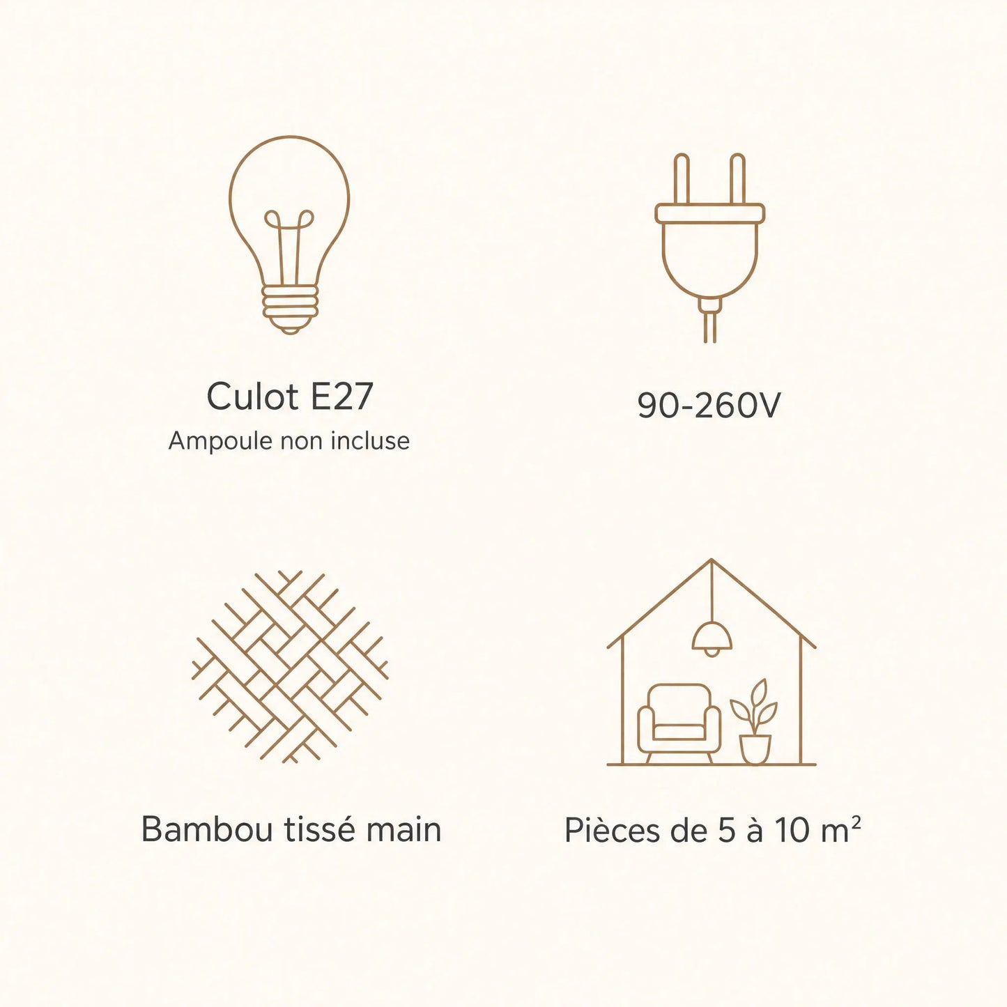 Specifications of the Einell bamboo pendant light, E27 fitting, 90-260V, hand woven bamboo | Wickleigh