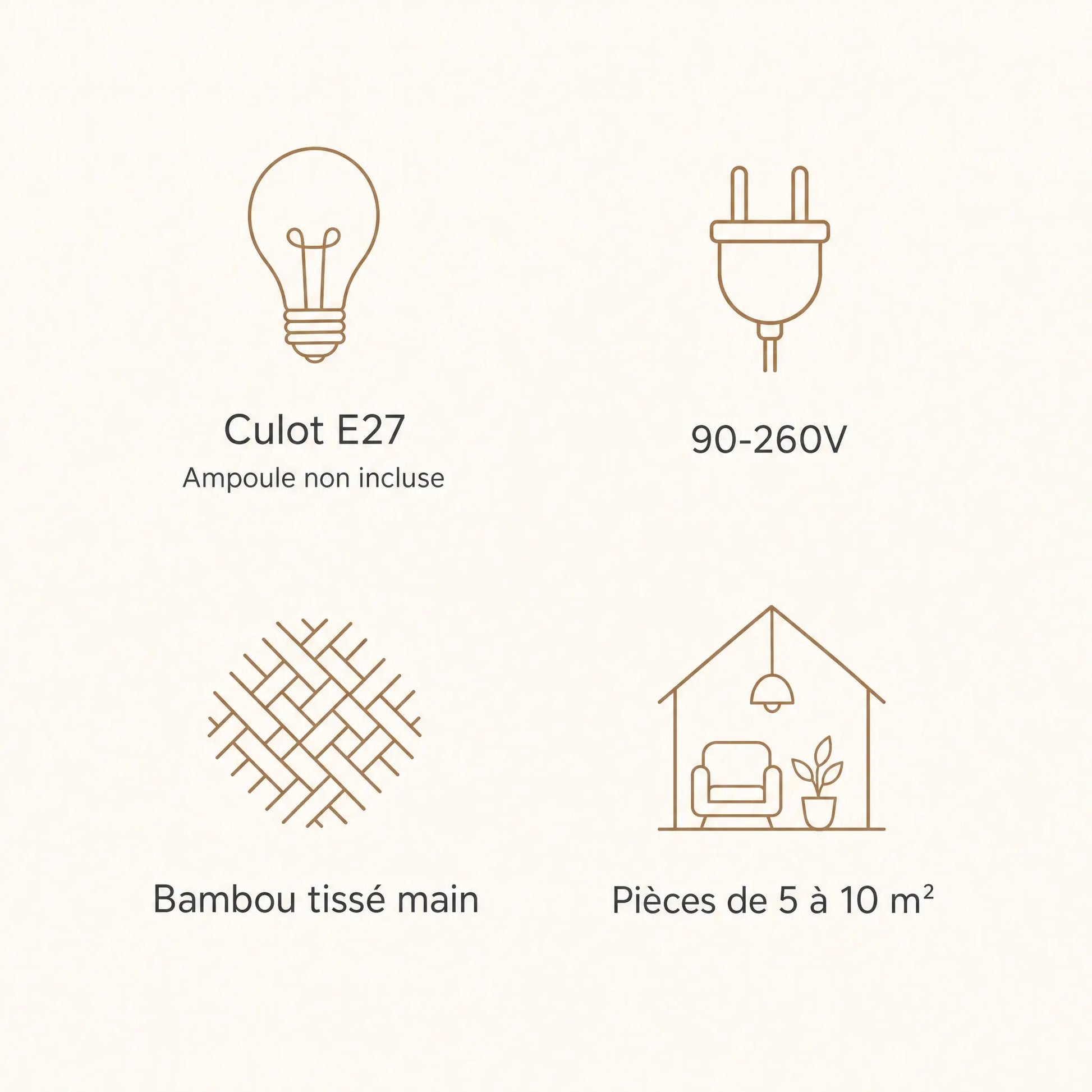 Specifications of the Einell bamboo pendant light, E27 fitting, 90-260V, hand woven bamboo | Wickleigh