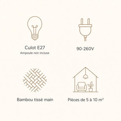 Specifications of the Einell bamboo pendant light, E27 fitting, 90-260V, hand woven bamboo | Wickleigh
