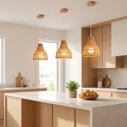 Edika bamboo kitchen pendant light, daytime kitchen setting | Wickleigh