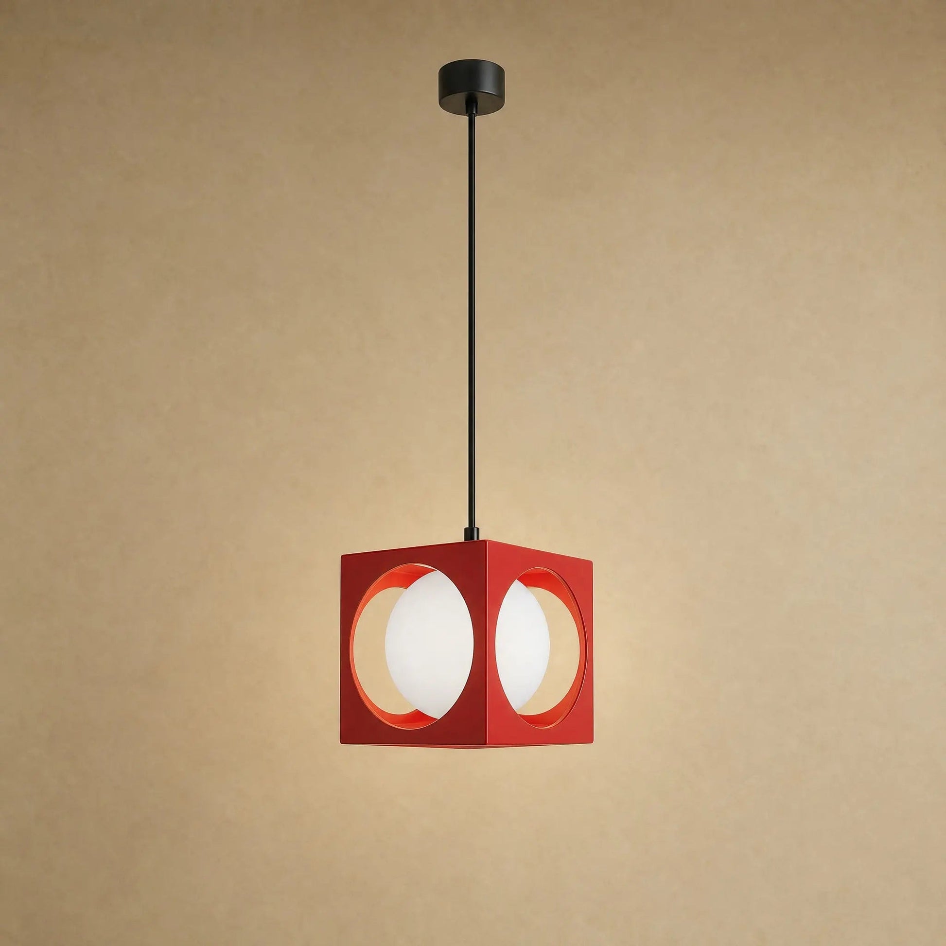 Asina colourful pendant light, red wrought iron cube and opal glass globe | Wickleigh