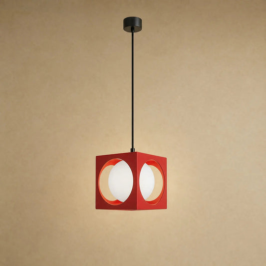 Asina colourful pendant light, red wrought iron cube and opal glass globe | Wickleigh